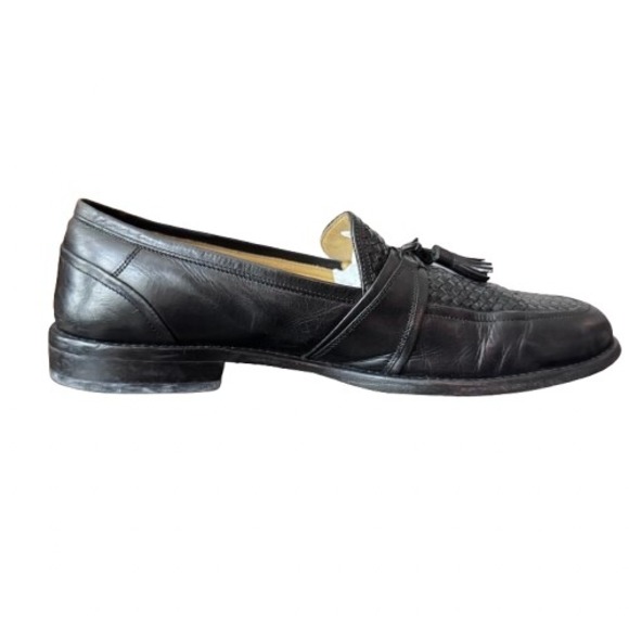 Johnston & Murphy 10.5 Black Leather Woven Tassel Loafer Shoes Mens Preppy - Picture 6 of 10